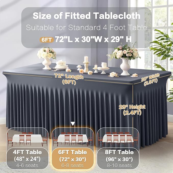 2 Packs Grey Spandex Tableclothes for 6 Foot Rectangle Table, Spandex Table Covers 6FT Stretch Table Skirts Wrinkle Free Fitted Table Cloth for Event, Wedding, Banquet & Parties