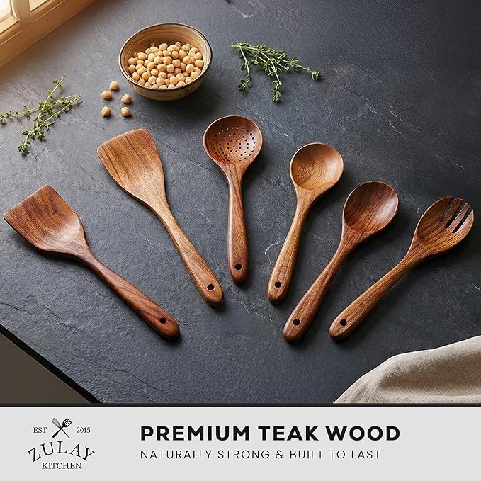 Zulay Kitchen 6-Piece Wooden Spoons for Cooking - Smooth Finish Teak Wood Utensils - Soft Comfort-Grip Cooking Wood Spoons Non-Stick Teak Easy to Clean Utensils Heat Resistant Non-Scratch Spoon Sets