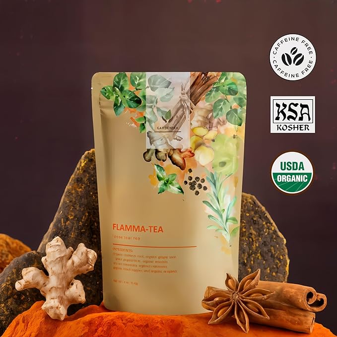Gardenika Organic Flamma-tea Loose Leaf Turmeric Ginger Tea | with Cinnamon & Pepper | 100% Natural | Caffeine Free | Herbal Wellness Tea | Premium Blend | 1 lb (454g)
