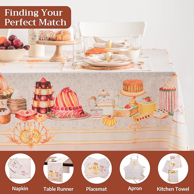 Maison d' Hermine Premium Table Cloth Rectangle Table 100% Combed Cotton 120 x 70 Inches Tablecloth Reusable Decorative for Dining Room, Farmhouse, Home, Party, Festive & Wedding - Pastries