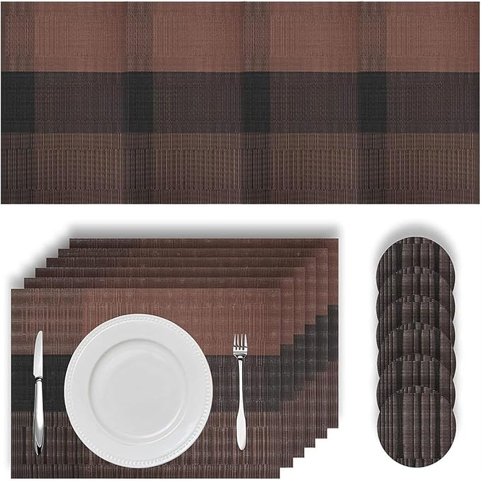 Placemats with Table Runner Sets Place Mats Crossweave Placemat Kitchen Tablemat Washable PVC Table Mats for Dining Table(Coffee)