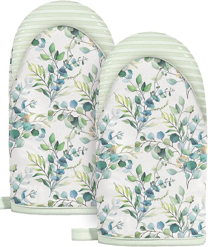 Slohif Sage Green Mini Oven Mitts Set – Flower Extended Short Heat Resistant Kitchen Gloves for Women, 100% Cotton Oven Mitts with Silicone Grips, Non-Slip and Thick Durable for Cooking & Baking
