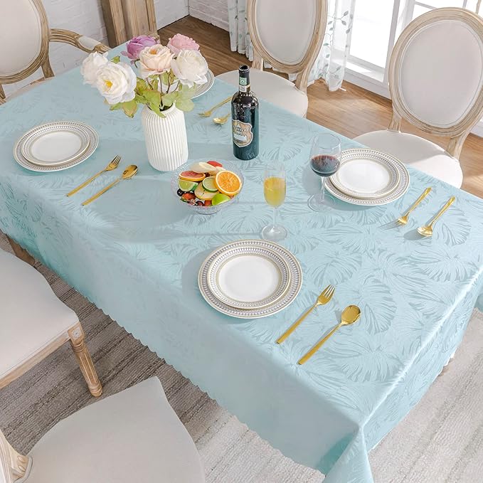 Rectangle Tablecloths 60x102 Inch Waterproof Washable Light Blue Oblong Table Clothes for 6 Foot Tables Leave Pattern Silky Soft Table Covers for Kitchen Dining Birthday Party Picnic