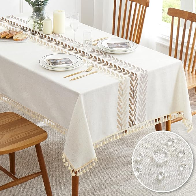 QIANQUHUI Embroidered Tablecloth for Dining Table,Dust Proof Spillproof Soil Resistant Cotton Linen Rectangle Table Cloths (Coffee Wheat, Rectangle/Oblong, 55'x120'', 10-12 Seats)