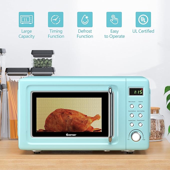 COSTWAY Retro Countertop Microwave Oven, 0.7Cu.ft, 700-Watt, High Energy Efficiency, 5 Micro Power, Delayed Start Function, with Glass Turntable & Viewing Window, LED Display, Child Lock (Green)