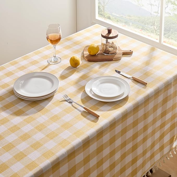 Softalker Checkered Tablecloth Rectangle, Outdoor Linen Cotton Gingham Table Cloth with Tassel, Heavy Duty Wrinkle Free Buffalo Plaid Table Cover for Kitchen Dining Home Party - 55 x 102 Inch, Yellow
