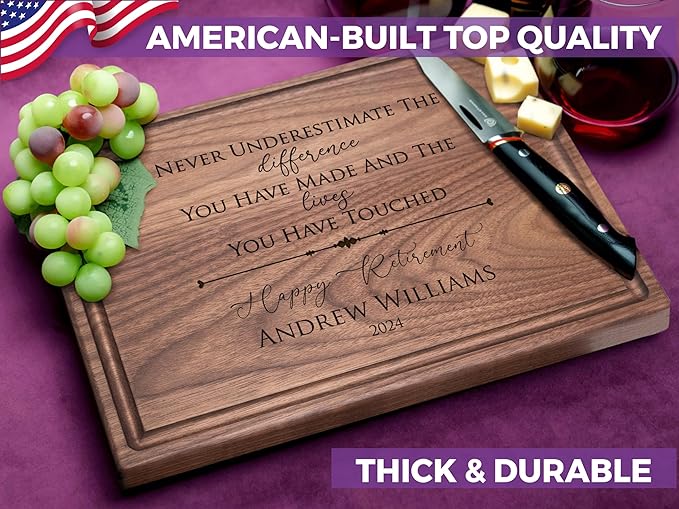 Straga Personalized Retirement Cutting Board - Custom Engraved Hardwood Charcuterie - Employee Farewell, Office Goodbye, Corporate Appreciation, Boss & Coworker Gift - USA Made