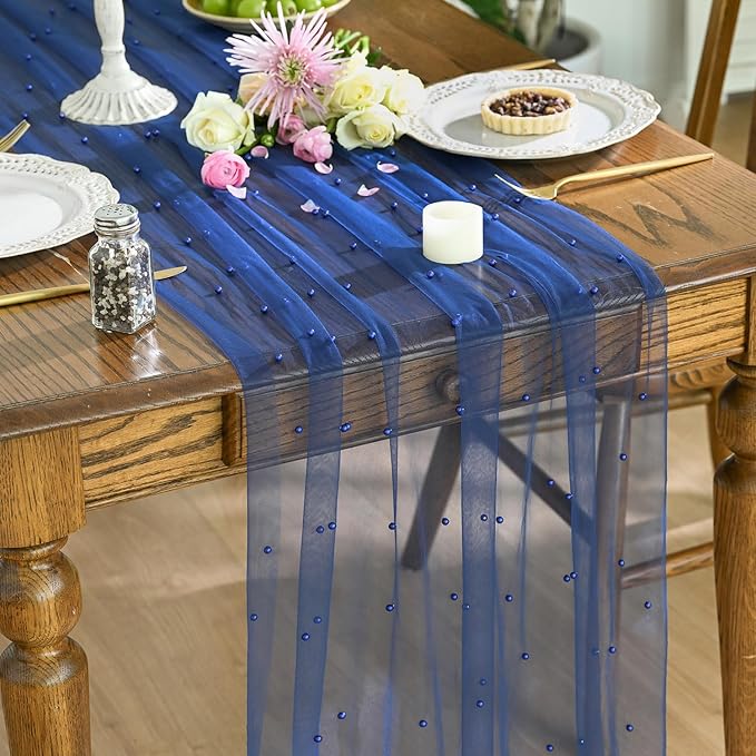 Artoid Mode Pearl Light Bule Gauze Table Runner 120 Inch, Seasonal Sheer Dining Holiday Wedding Birthday Baby Shower Table Decor for Home Party
