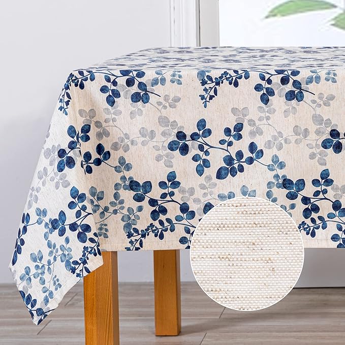 MYSKY HOME Floral Print Rectangle Tablecloth - Waterproof Linen Farmhouse Tablecloth for 8 Feet Table, 60 x 120 Inches, Blue