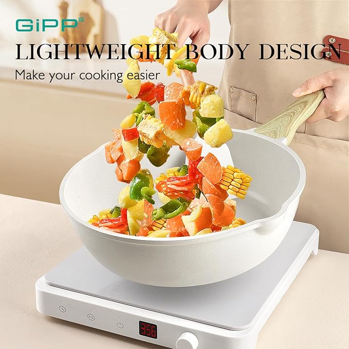 GiPP 21Psc Pots and Pans Set Non Stick White Granite Kitchen Cookware Sets Nonstick Induction Cookware Non-toxic Cooking Pan Set with Silicone Utensils, PFOS and PFOA Free