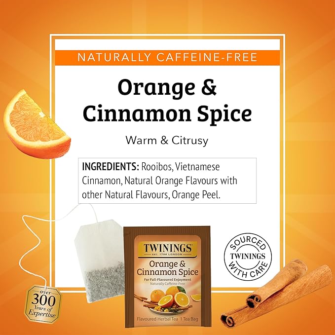 Twinings Orange & Cinnamon Spice Herbal Tea Individually Wrapped Bags, 20 Count (Pack of 1), Naturally Caffeine-Free, Enjoy Hot or Iced, 20 Teabags