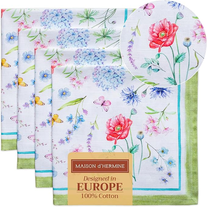Maison d' Hermine Cloth Napkins Set of 4 100% Cotton Everyday Reusable Square Napkins Cloth Washable Dinner Party Wedding Restaurant Valentines Day Decorations Spring/Summer (Just Floral, 20" x 20")