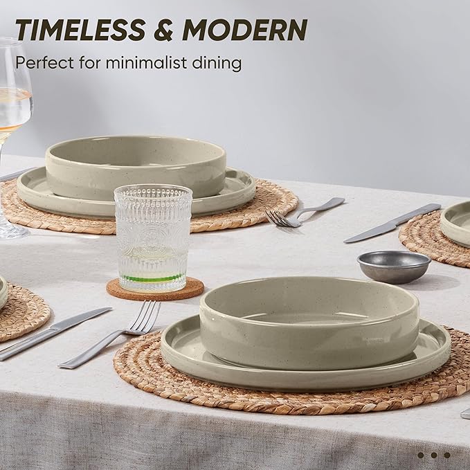 E-far 16-Piece Plates and Bowls Sets - Stoneware Dinnerware Sets with Pasta Bowls for 4 | Microwave & Dishwasher Safe Kitchen Modern Dish Set, Speckled Khaki