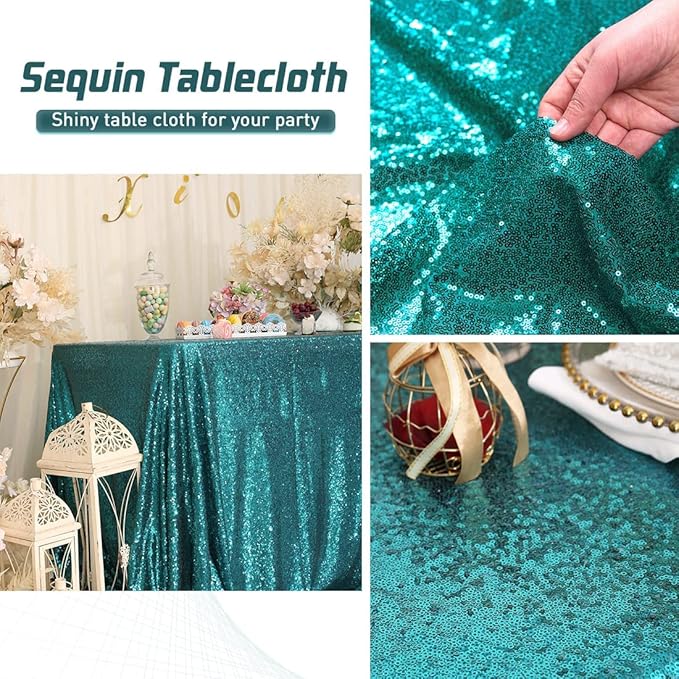 Eternal Beauty Teal Tablecloth, 60x120 Inch Sequin Rectangle Table Cover for Cake Dessert Exhibition Party Birthday Events