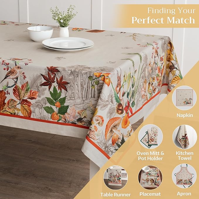 Maison d' Hermine Table Cloth Rectangle Table 100% Cotton 70 x 120 Inches Fall Tablecloth Reusable Everyday Use for Thanksgiving Christmas Decorations Dining Farmhouse Party (Recolte)