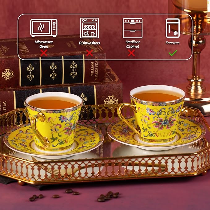 KAMMAK Tea Cups and Saucers Set of 2, Porcelain Coffee Cups with Saucer for Espresso, Cappuccino, 9oz Vintage Noble Yellow Ceramic Novelty Mug for Home, Tea Party, Office