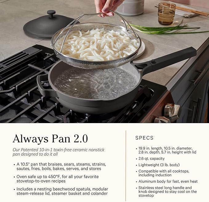 Our Place Cookware Duo | 7-Piece Ceramic Cookware Set with 10.5" Always Pan 2.0, 5.5 Qt Perfect Pot & Strainer Basket | Induction & Oven Safe up to 450°F | Nonstick, Non-Toxic Cookware | Blue Salt