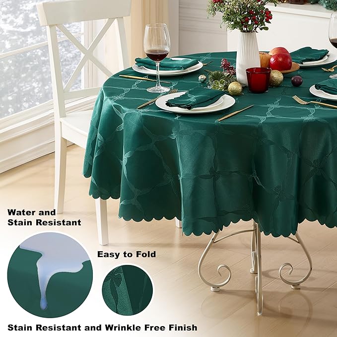 Newbridge Round Tablecloth, 70 Inch, Spring and Easter Ribbons and Bows Damask, Wrinkle and Stain Resistant Fabric Table Cloth, Holiday Evergreen