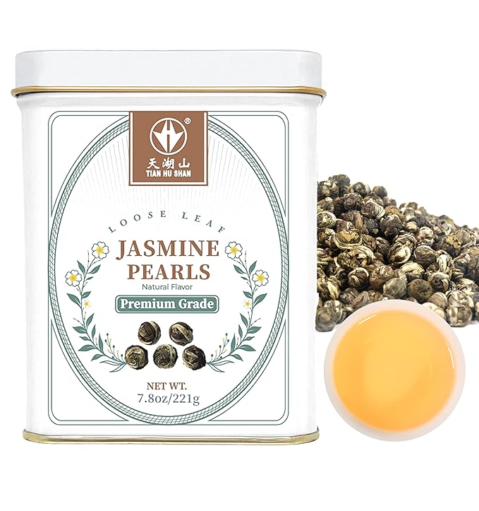TIAN HU SHAN Jasmine Tea Jasmine Dragon Pearls Green Tea Loose Leaf 7.8oz (221g) Tin