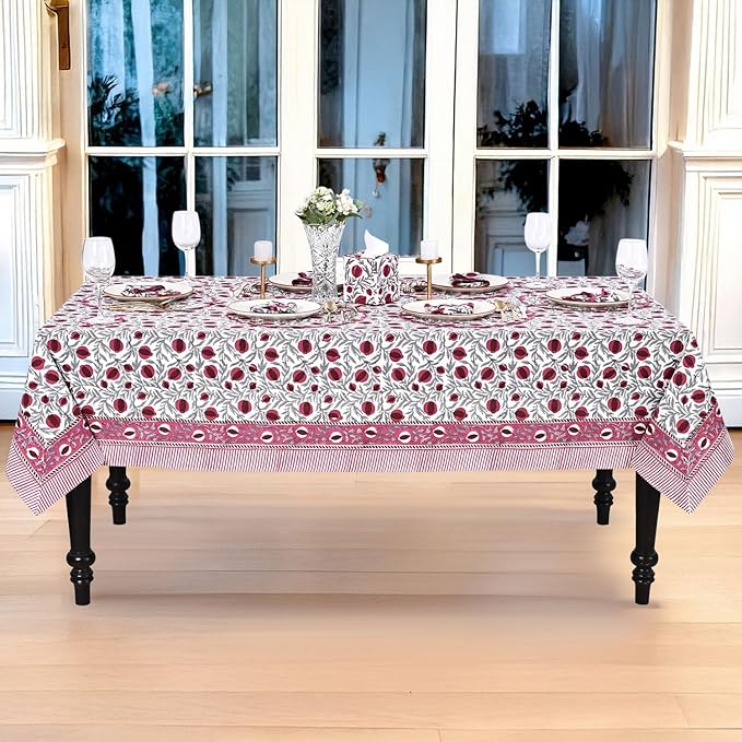 Ridhi Hand Block Print Sangria Red Rectangle Cotton Tablecloth 190" x 72" Reusable Table Cover Decorative Everyday Use for Dining, Farmhouse, Home Gift for Spring, Easter, Valentine