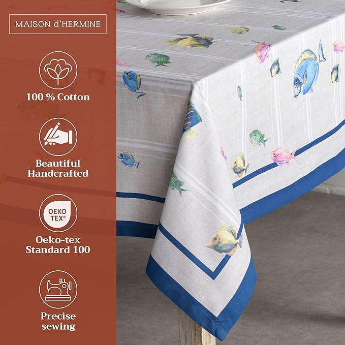 Maison d' Hermine Table Cloth Rectangle Table 100% Cotton 60 x 120 Inches Tablecloth Reusable Decorative for Dining Room Farmhouse Home Valentines Day Decorations Spring Summer - Poisson