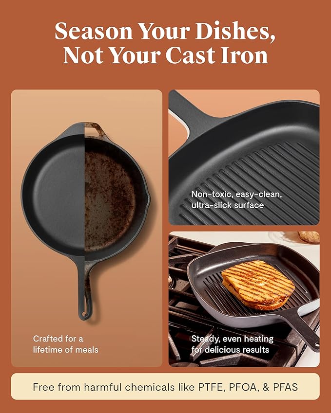 Caraway Enameled Cast Iron Grill Pan - 10.5” Grill Pan for Stovetop Cooking - 3 Layer Enamel Coating - No Seasoning Required - Compatible With All Stovetops - Free From Forever Chemicals - Charcoal
