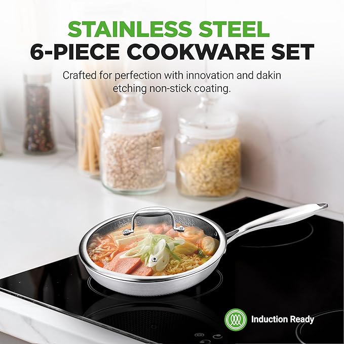 6-Piece Cookware Set Stainless Steel - Triply Kitchenware Pans Set Kitchen Cookware w/DAKIN Etching Non-Stick Coating - Small, Medium, & Large Stir Fry Pan with Lid - NutriChef NC3PFRY3