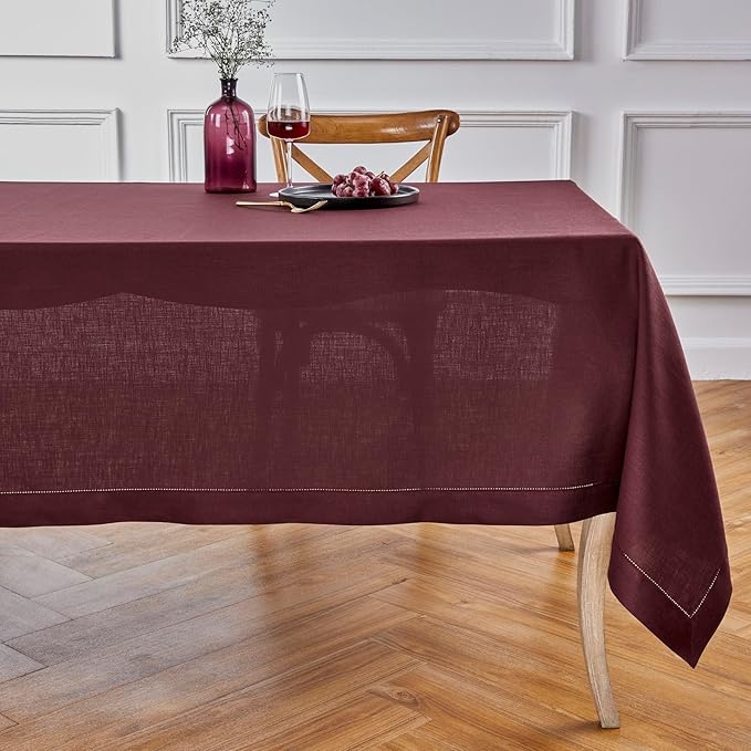Solino Home Linen Burgundy Tablecloth 60 x 132 Inch - Classic Hemstitch, 100% Pure Linen Rectangular Tablecloth - Machine Washable Table Cloth for Valentines