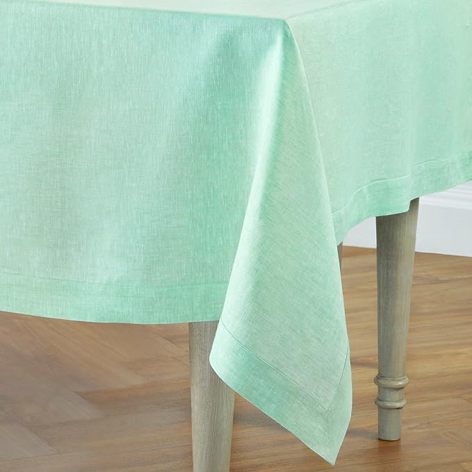 Solino Home Linen Tablecloth 60 x 120 Inch - 100% Pure Linen Chambray Aqua Table Cloth for Rectangle Tables - Athena, Machine Washable Tablecloth for Winter, Spring, Easter