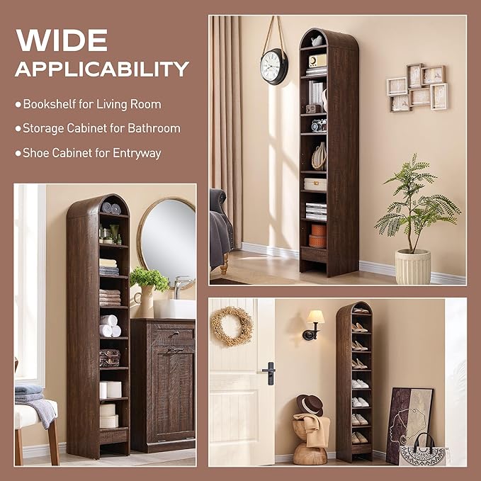 67" Tall Arched Bookshelf, 8 Tiers Arch Bookcase with Storage, Modern Farmhouse Book Shelf with Adjustable Shelves, Wood Bookshelf w/Open Display Shelves for Living Room, Office (Brown)
