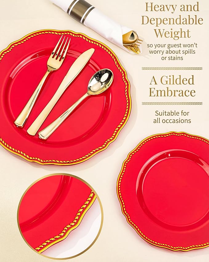 Hioasis 350pcs Red Gold Plastic Plates - Red Plastic Dinnerware Set Includes 50 Dinner Plates, 50 Dessert Dinnerware, 50 Cups, 50 Pre-rolled Napkins Perfect for Wedding & Party