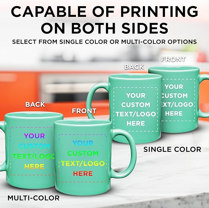 Custom Ceramic Coffee Mugs 11 oz. Set of 50, Personalized Bulk Pack - Coffee cup set, Iced coffee cup, Gaming mug - Teal
