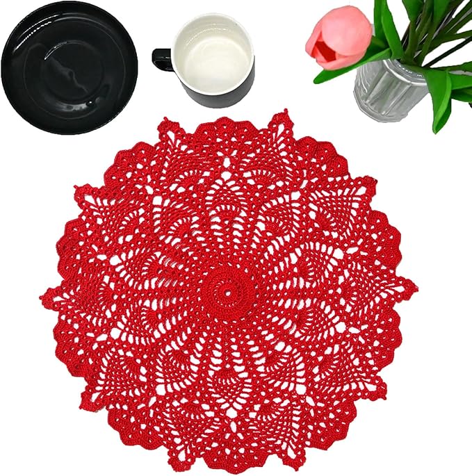 BIBITIME 18 in to 20 in Doily Coasters Lace Tablecloth Doilies Handmade Crochet Placemat Women Vase Mat Kitchen Table Runner (1PC, Red)