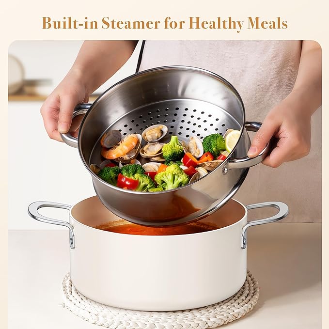 PekGema Ceramic Pots and Pans Set, 16 Pcs Cookware Set Non Toxic, Nonstick Kitchen Cookware, Oven Safe Cooking Pan Set, PFAS PTFE PFOA FREE, Cream White