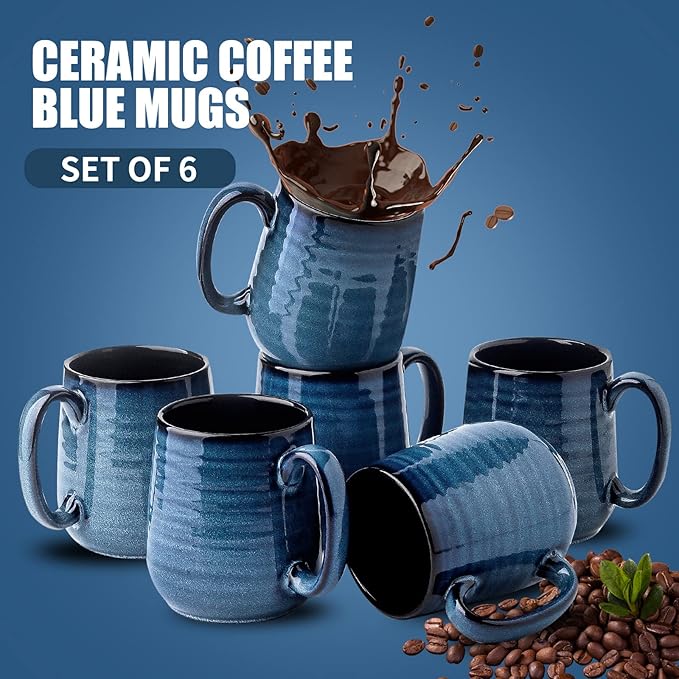 Hasense Coffee Mugs Set of 6, 12 Ounce Coffee Cups Set with Handle, Ceramic Tea Mugs for Kitchen, Blue Latte Mugs for Coffee,Cocoa, Tea, Stylish Mug Gift, Dishwasher and Microwave Safe