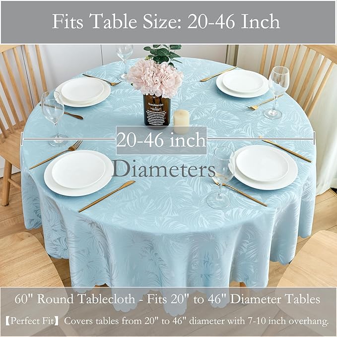 Table Cloth Blue Round Tablecloth 60 Inch Leaves Pattern Scalloped Edge Silky Soft Waterproof Wrinkle Resistant Washable Circle Table Cover for Kitchen Dining Party Banquet Patio Decor