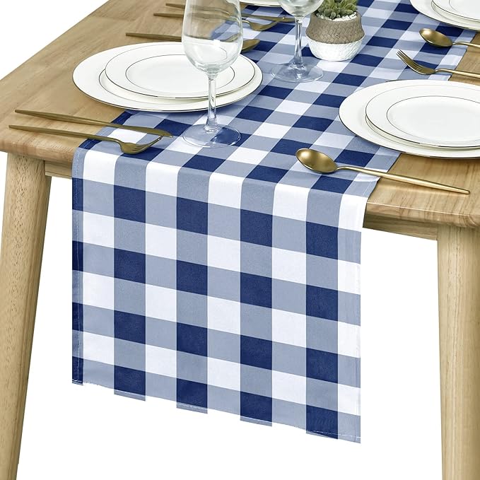 Hiasan Buffalo Plaid Table Runner, Classic Farmhouse Tabletop Collection, Waterproof Table Runner for Kitchen Dining, Banquet, Restaurant, Outdoor Use, 14W x 72L, Navy Blue and White, 1 Piece