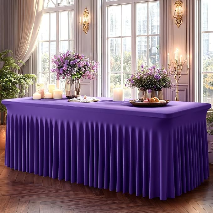 6 Packs Purple Spandex Table Covers 8 Foot, Fitted Stretch Table Cloth with Skirts 96x30 Inch, Wrinkle-Free Floor Length Rectangle Tablecloths for Trade Show Weddings Parties Banquets Events