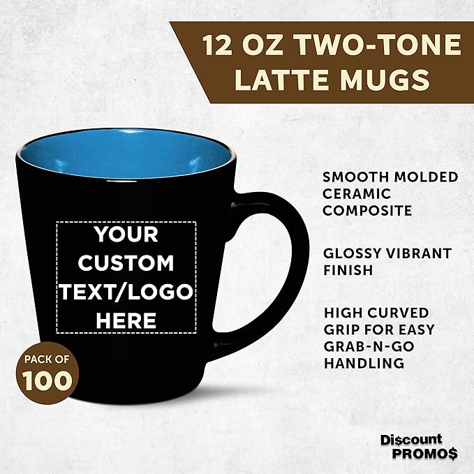 Custom Ceramic Coffee Latte Mugs 12 oz. Set of 100, Personalized Bulk Pack - Perfect for Coffee, Tea, Espresso, Hot Cocoa, Other Beverages - Blue
