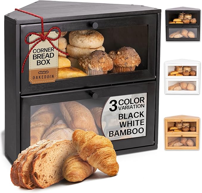 Corner Bread Box for Kitchen Countertop - New 2026 Airtight Design - Extra Large, Double Layer Black BreadBox, Vintage Storage for Homemade Bread, Under Cabinet Organizer