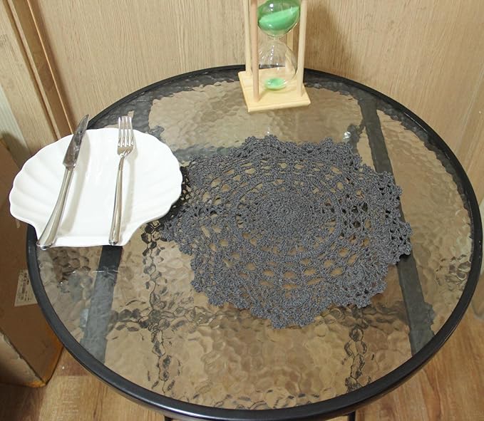 BIBITIME 2PCS Lace Table Doilies Kitchen Placemats Round Handmade Crochet Flower Cup Mug Mat Doily (13 inches to 14 inches,2PCS, Dark Grey)