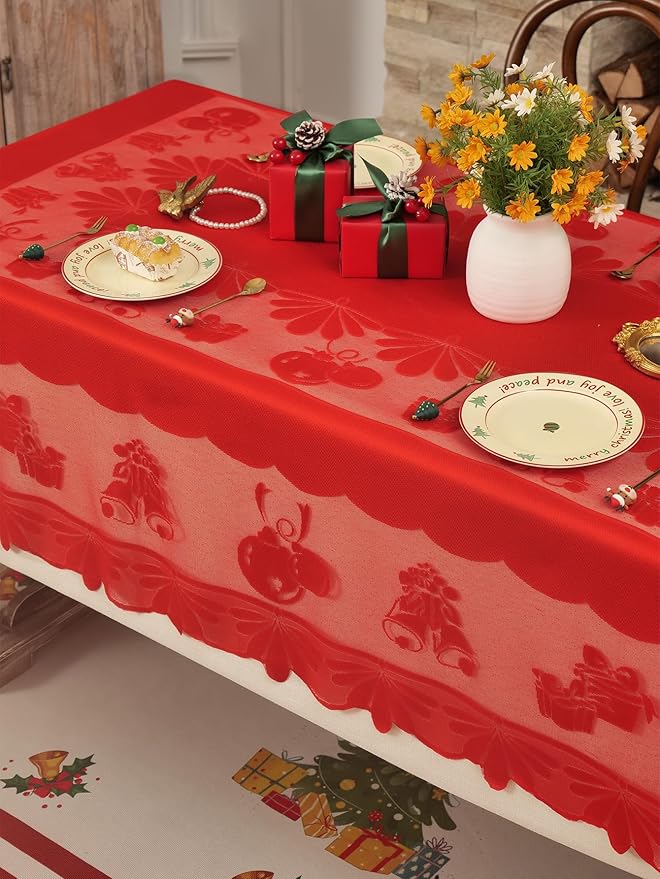 Jayla Christmas Red Lace Tablecloth, Vintage Red Lace Rectangular Tablecloth for Party Picnic Dinner Decor, 54 x 54 Inches