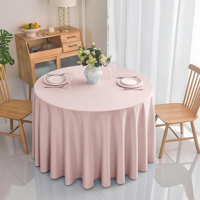 2-Pack Round 120-inch Dusty Pink Table Cloths, Solid Stain and Wrinkle Resistant Circular Tablecloth, Premium Plain Weave Polyester Fabric Table Linen Covers for Hotel, Banquet