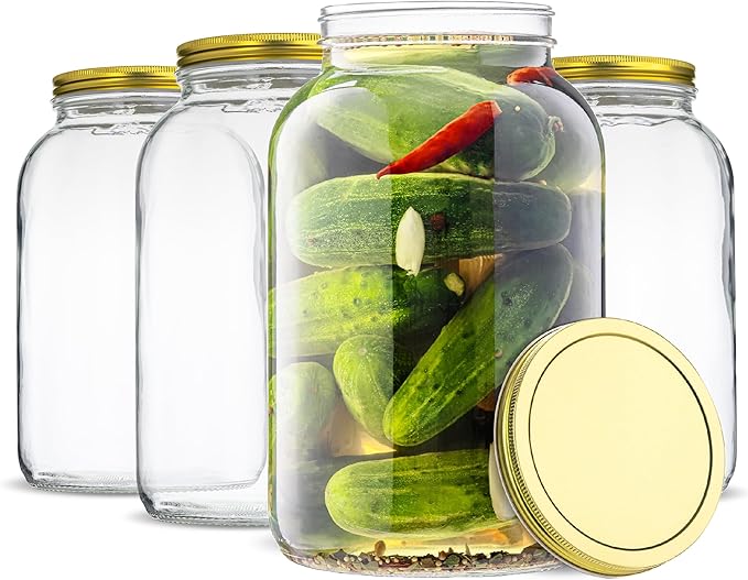 kitchentoolz 1 Gallon Glass Large Mason Jar Wide Mouth with Metal Airtight Lids (4 Pack) - Fermentation Kombucha Kefir Kimchi - Storing Canning Pickling Containers -Gold Lids