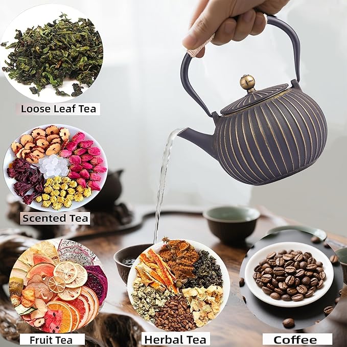 Japanese Tetsubin Cast Iron Teapot 40oz（1200ML) - Enamel Coated Interior & Removable Stainless Steel Infuser, Stovetop Safe Kettle for Tea Ceremony (Black Gold)