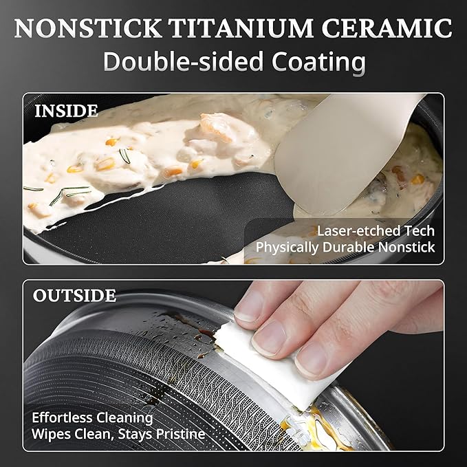 KOKHUB 12" Titanium Ceramic Nonstick Frying Pan, Non-Toxic Tri-Ply Stainless Steel Skillet with Lid, PFAS/PFOA/PTFE Free, Dishwasher & Oven Safe, Induction Compatible