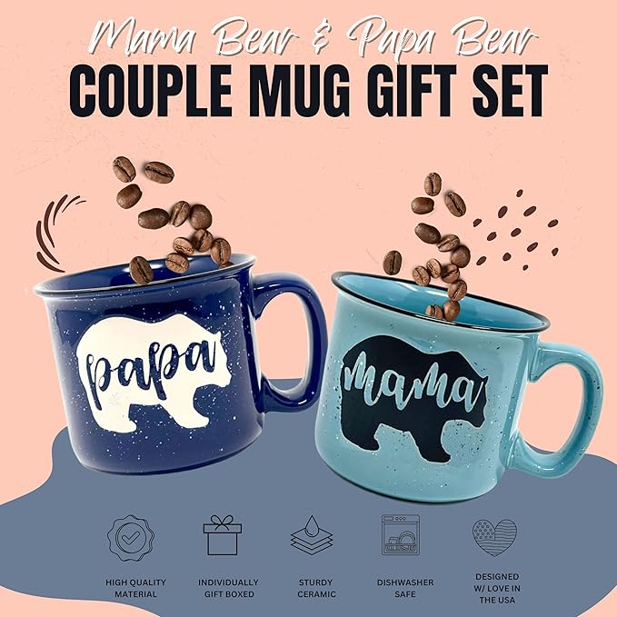 Large Mama Bear & Papa Bear 15 oz Coffee Mug Gift Set - Cute Coffee Cup Set for Men and Women - Unique Fun Gifts for Parents, Couples, Grandparents for Birthdays, Mother's Day, Father's Day, Christmas