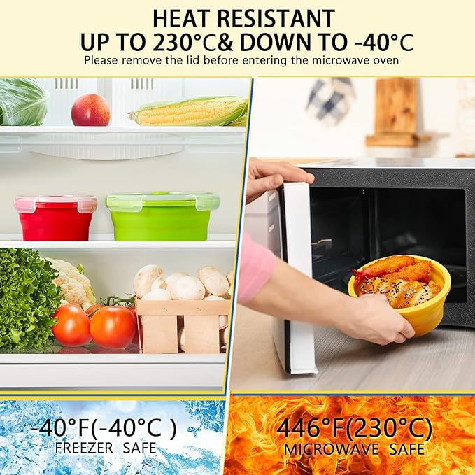 Zopeal 8 Pcs Collapsible Food Storage Containers Foldable Silicone Lunch Containers with Lids 4 Silicone Rectangle Collapsible Bowls and 4 Round Food Bowls Microwave Freezer Dishwasher Safe (Colorful)