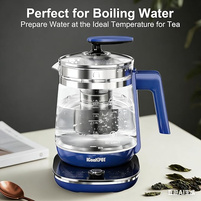 1200w Electric Kettle, 1.5L Borosilicate Glass tea kettle, Hot water kettle electric for Coffee or Tea, BPA Free, Auto Shut-Off, Stainless Steel, Fast Boil, Blue