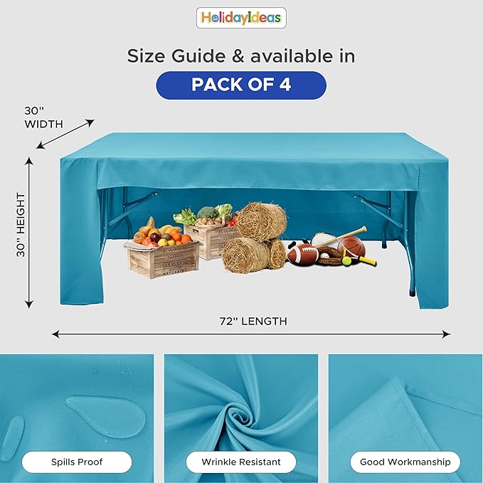 HolidayIdeas Open Back Fitted Tableclothss for 6 Foot Rectangle Table, Wrinkle Resistant Washable Table Covers 72x30 Inch for Craft Fairs, Banquets, Trade Show Display, Teal,4 Pcs